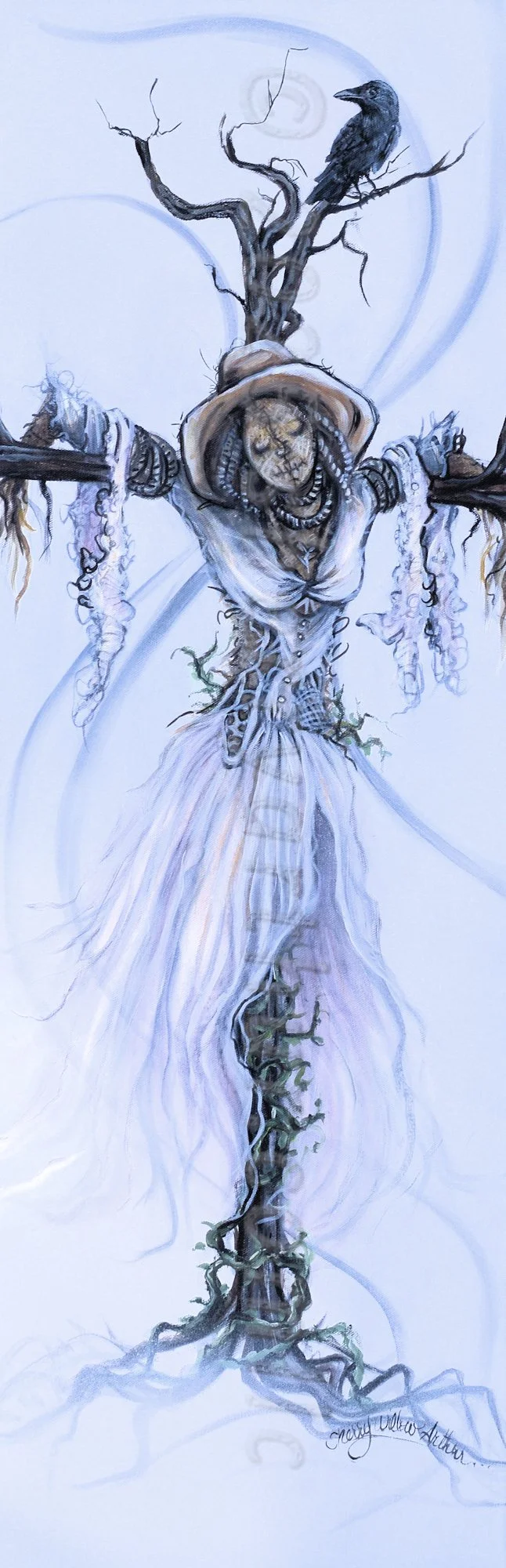 Scarecrow Woman With Crow Original Acrylic Artwork On Canvas For
